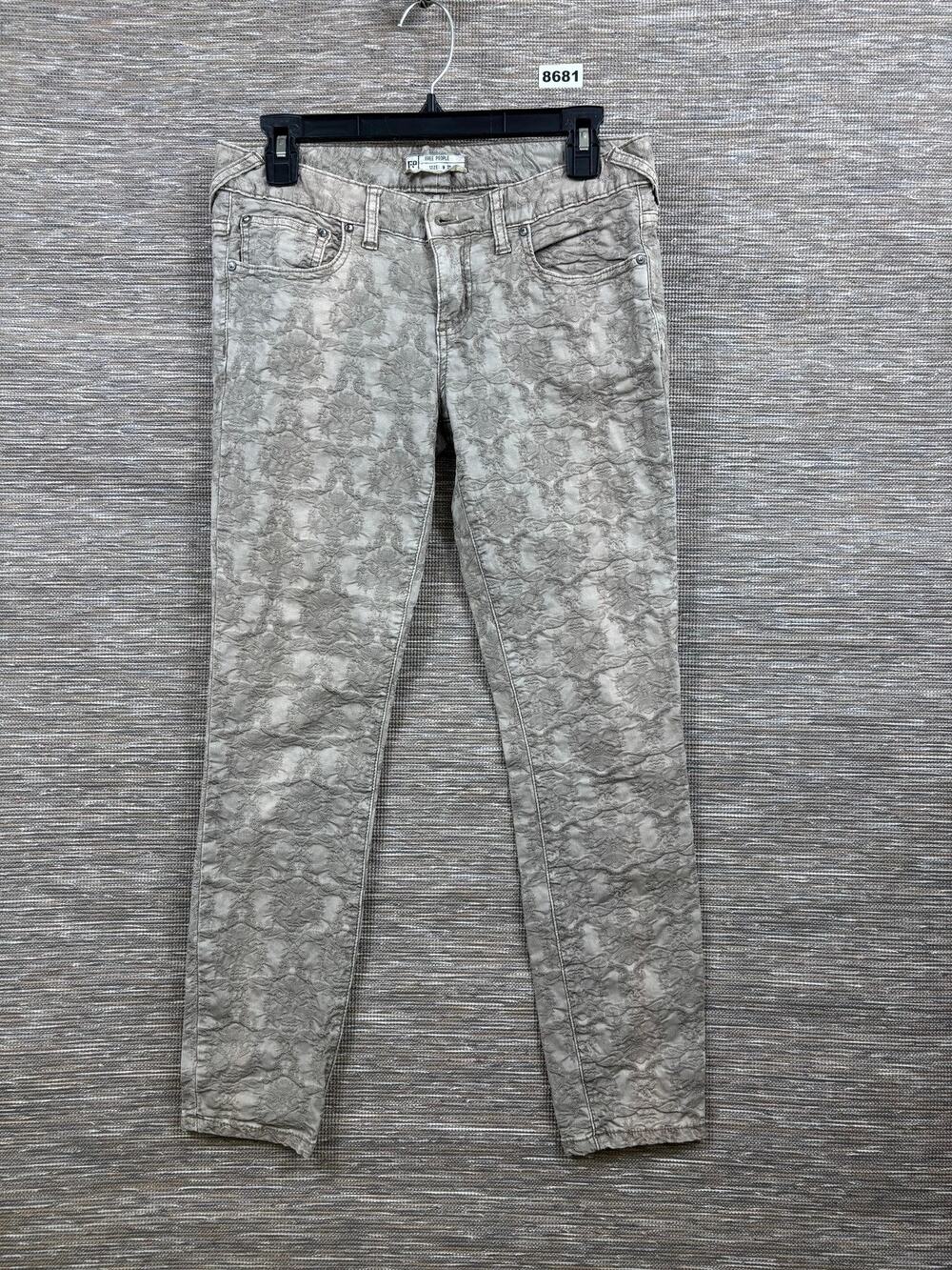 Free People Jeans Womens 27 Beige Mid Rise Skinny Floral Embroidered Denim